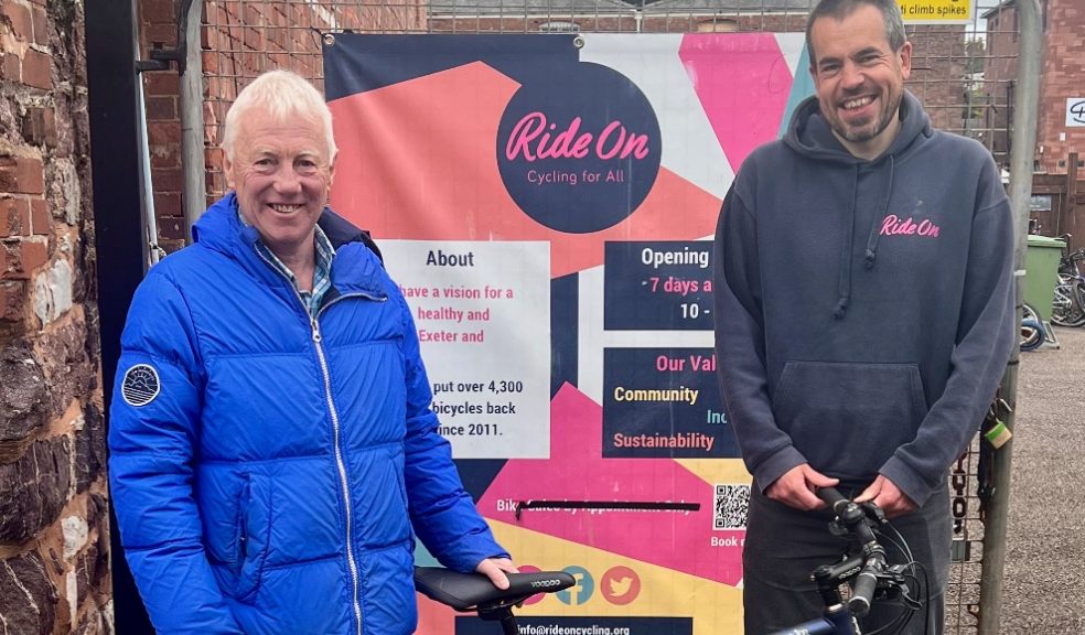 David Greensmith donates his bike to Will Page Head of the charity Ride On Cycling for All. Photo: Glen King.